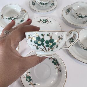 Antique Footed Teacup And Saucer Set Regal China‎ Occupied Japan Emerald Pattern